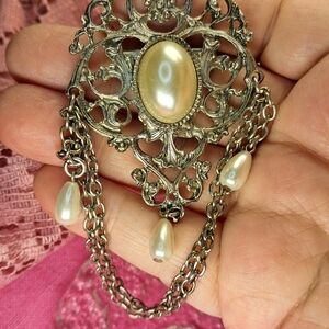 Timeless Victorian Style Faux Pearl & Filigree Brooch w/ Draping Chains
